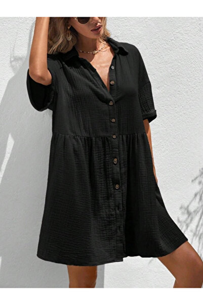 Butik Women's Short Sleeve Collared Front Buttoned Short Wrap Dress