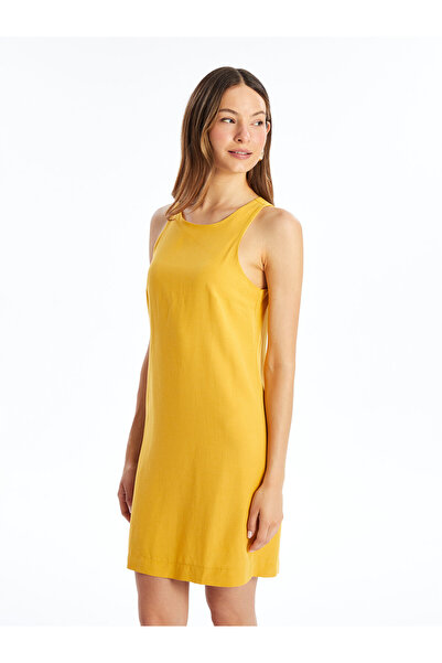 LC Waikiki Crew Neck Plain Linen Blend Dress