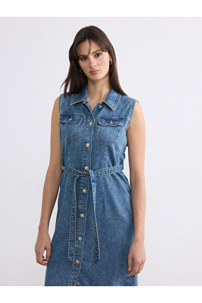 LC Waikiki Rochie din denim cu guler și cordon în talie