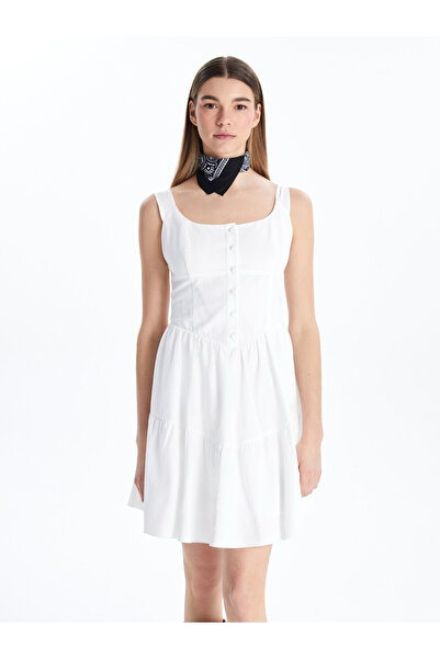 LC Waikiki Women's U Neck Linen-Look Layered Mini Dress