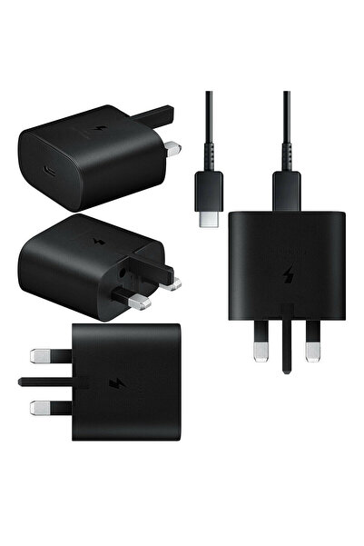Generic شاحن سامسونج 25 واط فائق السرعة مع قابس كهربائي بريطاني ومنفذ USB-C وكابل باللون الأسود