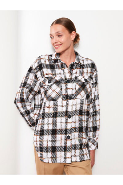 LC Waikiki Buttoned Plaid Long Sleeve Women's Tweed Shirt Jacket