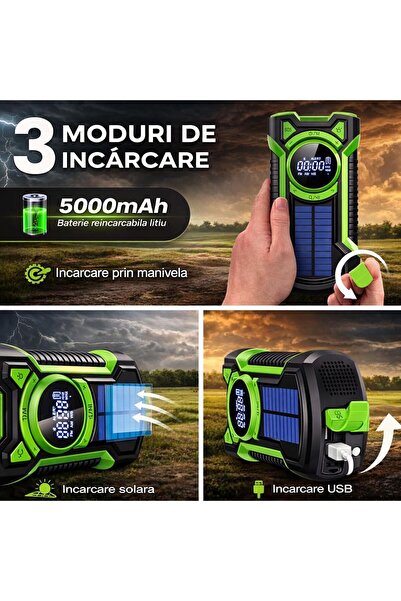 NOAMAG Lanterna multifunctionala LED 5000 mAh cu power bank, incarcare solara si manivela, radio AM/FM