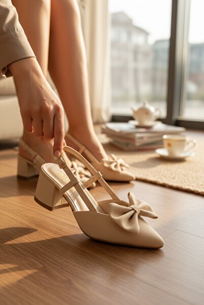 enoch Women's Pointed Toe Bow Detailed Mid-High Thick Heeled Open-Back Shoes