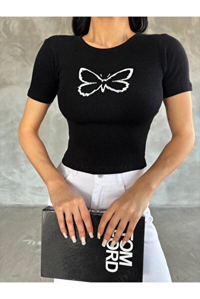 NİDAM BUTİK Women's Butterfly Patterned Crew Neck Fit Blouse