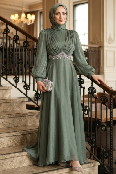 N.S NEVA STYLE Beaded Detailed Mint Hijab Evening Dress 4876Mint