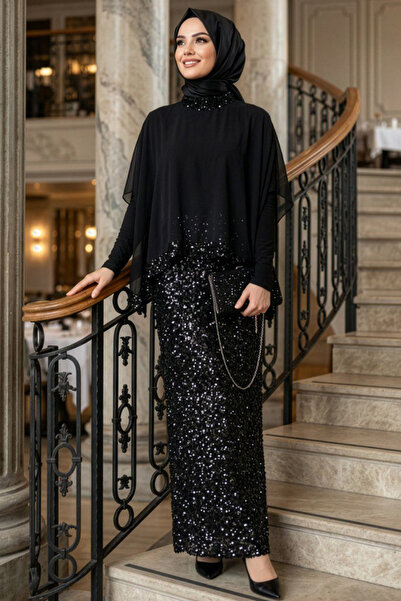 N.S NEVA STYLE Sequin-Embellished Black Hijab Evening Dress 48282S