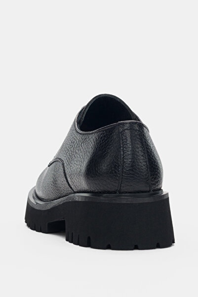 selin shoes Calder Hakiki Deri Bağcıklı Kadın Loafer- SİYAH