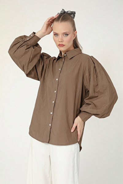 Suede Style 8199 - Stylish Comfortable Peach Balloon Sleeve Shirt