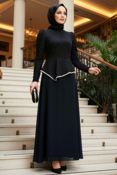 N.S NEVA STYLE Sim Detailed Dark Navy Blue Hijab Evening Dress 4824Kl
