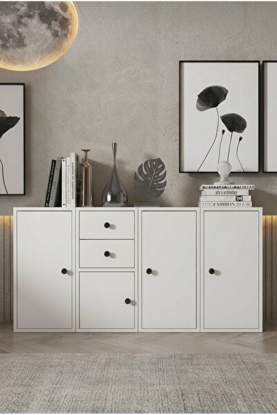 FOR WOMAN DESİGN Ahşap 4 Kapaklı 2 Çekmeceli Çok Amaçlı Dolap Modern Konsol G...