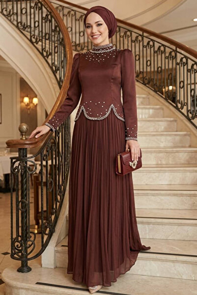 N.S NEVA STYLE فستان سهرة بني مزين بالخرز للحفلات الإسلامية 55651KH