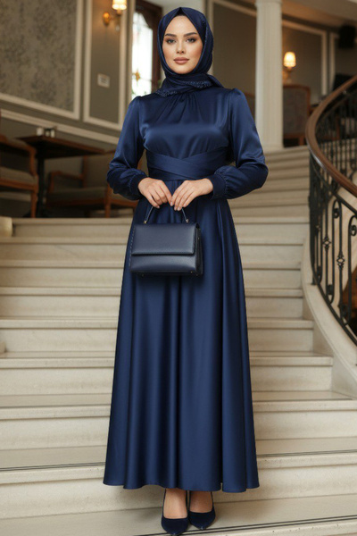 N.S NEVA STYLE Satin Navy Blue Hijab Evening Dress 6297L
