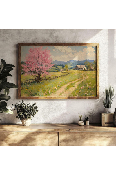 Tuba Decor Tek Parça Ahşap Çerçeveli Tablo pembe çiçekli manzara