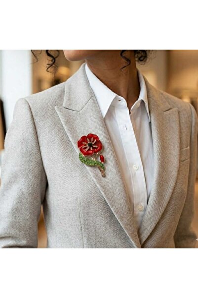 Daily Bazaar Kırmızı Mine İşlemeli Kristal Taşlı Gelincik Broş