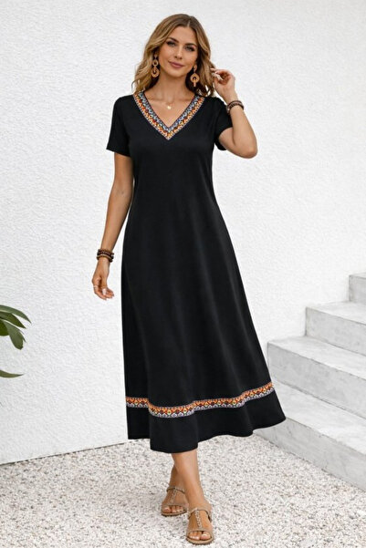 JANES Дамска черна дълга макси рокля от вискоза с къс ръкав, V-образно деколт...
