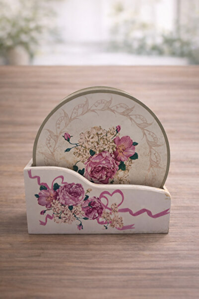 PARTİPORT Vintage Rose Patterned Coasters Set of 6 with Stand Model 3 Decorat...