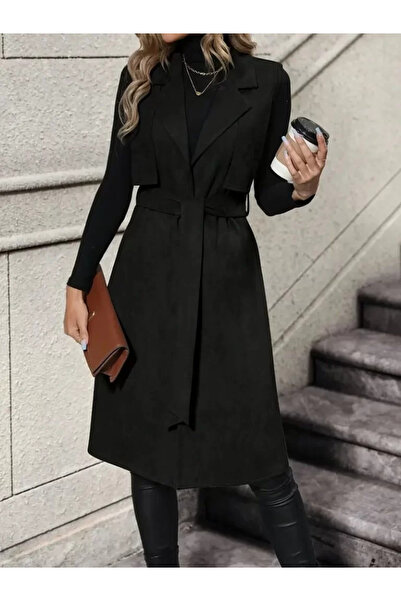 Kanonik Education Vestă midi din piele întoarsă, fără mâneci, cu guler, desch...