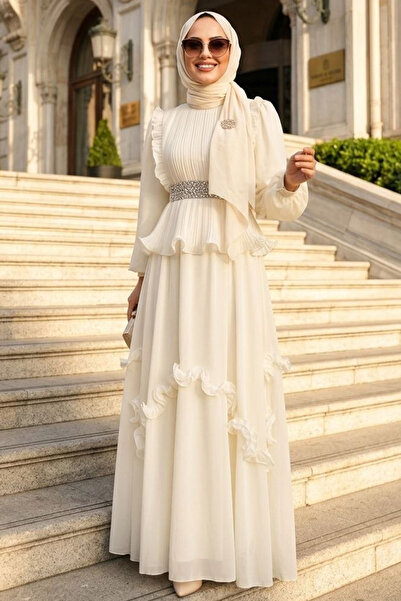 N.S NEVA STYLE Βραδινό φόρεμα με βολάν και λεπτομέρειες σε εκρού χρώμα, κατάλ...