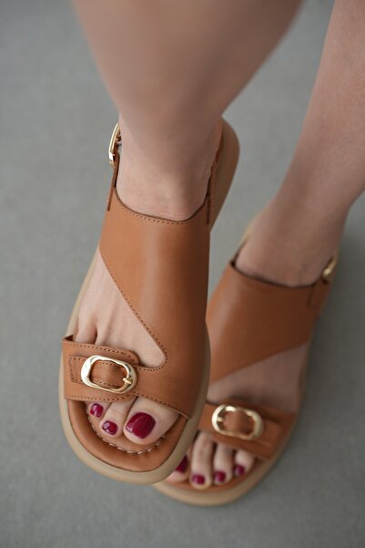 selin shoes Solea Genuine Leather Low Heel Women's Sandals with Gold Accessor...