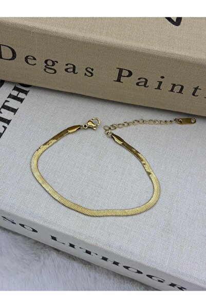 Hedef Bijuteri Steel Gold Color Flat Italian Chain Bracelet