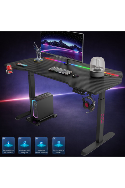 Qova Birou de gaming RGB, reglabil electric pe înălțime, QOVA ® Birou cu înăl...