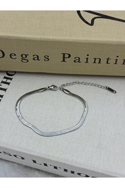 Hedef Bijuteri Steel Silver Color Flat Italian Chain Bracelet