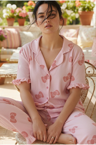 Siyah İnci Bow-Tie Patterned Bürümcük-Krınkıl Large Size Buttoned Pajama Set2...