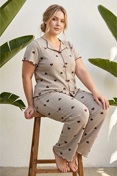 Siyah İnci Green Patterned Bowknot Plus Size Ribbed Camisole Knitted Pajama S...