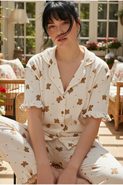 Siyah İnci Ecru Teddy Bear Patterned Bürümcük-Krınkıl Large Size Buttoned Paj...