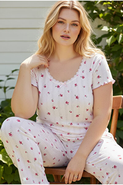 Siyah İnci Τραγανό λουλουδάτο βαμβακερό πλεκτό σετ πιτζάμες με διάτρητο σχέδι...