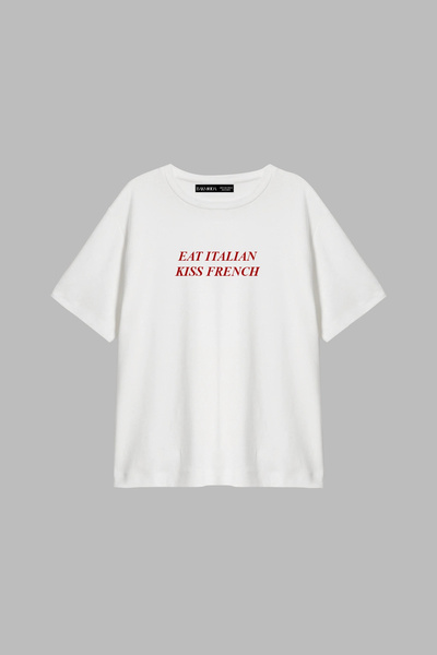 Bak Moda Tricou alb pentru femei, cu imprimeu în stil francez, croială relaxa...