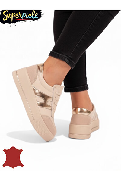 ANGEL BLUE Beige and gold genuine leather casual shoes for women T-8076