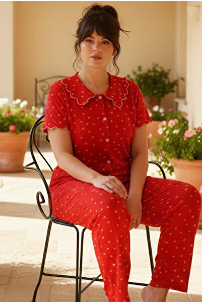 Siyah İnci Red Patterned Collared Plus Size Oversized Buttoned Ribbed Camisol...