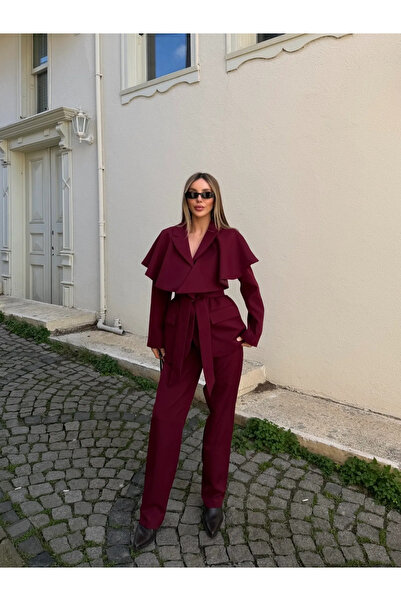 Laluvia Burgundy Cape Belted Double Button Jacket and Trousers Set - 8325