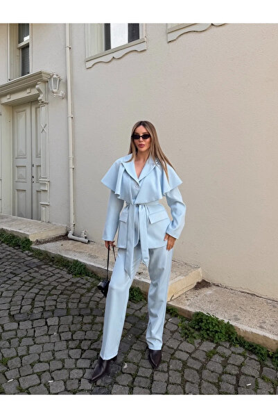 Laluvia Blue Cape Belted Double Buttoned Jacket and Trousers Set - 8325