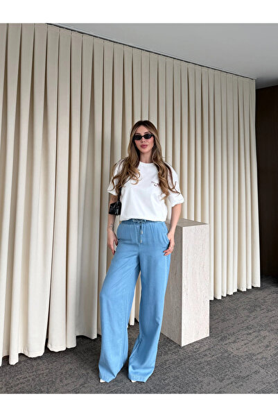 Laluvia Blue 100% Cotton Tencel Trousers with Waist Tie - 5541