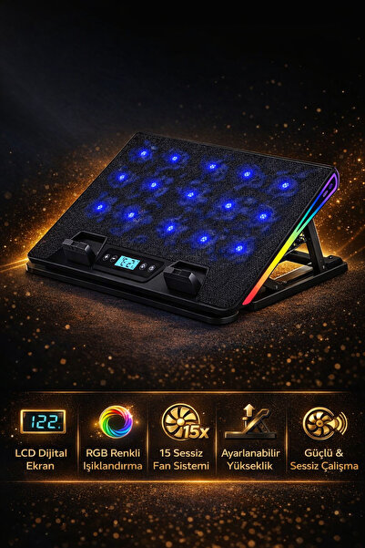 VOOKA RGB Işıklı Laptop Soğutucu Stand LCD Ekran 15 Fanlı Güçlü Sessiz Soğutma