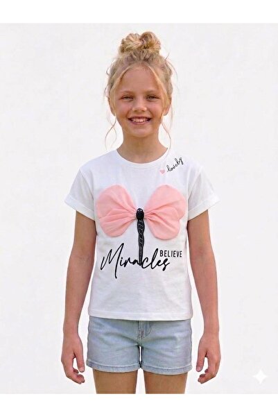 Bambam Girl's White Tulle Winged Dragonfly Embroidered Short Sleeve T-Shirt -...