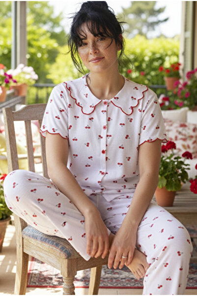 Siyah İnci White Cherry Patterned Collared Plus Size Oversized Buttoned Ribbe...