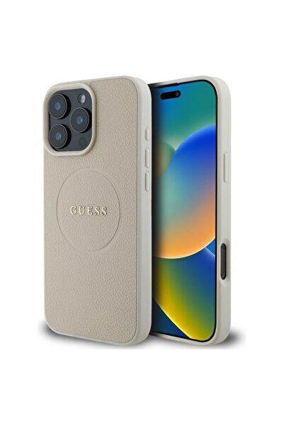 Guess Grained Leather MagSafe Case w/ Gold Ring for iPhone 16 Pro Max Beige