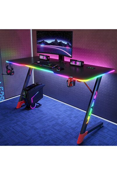 Qova ®   Birou de gaming RGB, Iluminare LED integrată pe 3 laturi + picioare,...