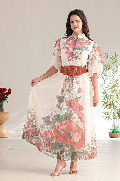 Verona Women's Elegant Floral Print Long Dress with Belted Waist