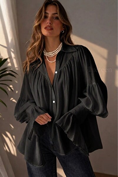 QETEENN Romantic Black Shirt Blouse with Gathered Balloon Sleeves and Flounce...