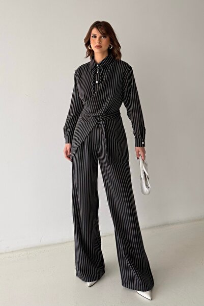 BEJNA Women's Striped Double-Breasted Top and Bottom Set with Tie Detail