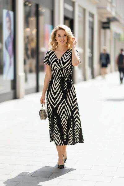 Mossta Rochie lungă cu guler dublu și imprimeu geometric - Negru