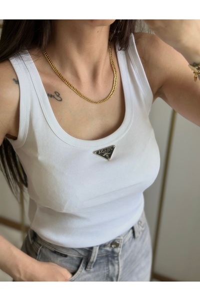 MoyStore White Tank Top with Studded Straps