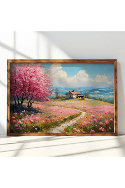Tuba Decor Tek Parça Ahşap Çerçeveli Tablo pembe çiçek yolu