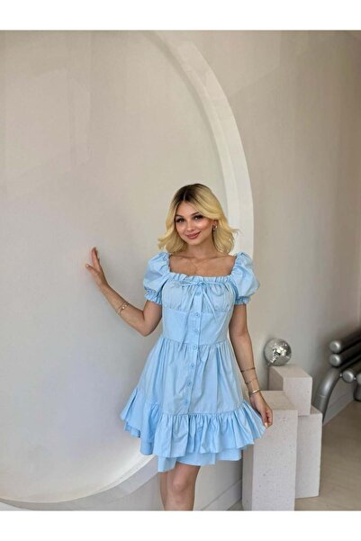FEHUBLOOM Kabarık Kol Ve Düğme Detaylı Elbise Mavi