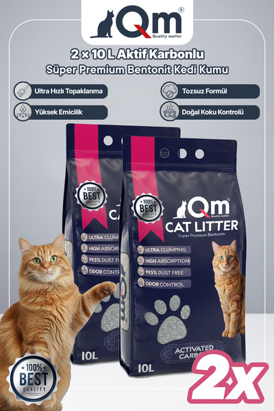 QM Qm Aktif Karbonlu Süper Premium Bentonit Kedi Kumu 10 L x 2 Adet